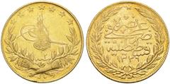 TURKEY - A PRIVATE COLLECTION OF GOLD COINS OF THE OTTOMAN EMPIRE SULTANATE. Mohammed VI, 1918-1922. 100 Piaster AH 1336, Year 2 (AD 1918), Islambul. Yellow gold edition. Fr. 186; K./M. 821; Schl. 755