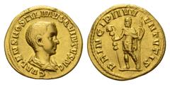 ROMAN COINS COINS OF THE ROMAN EMPIRE Hostilianus, 251. Aureus ca. 251, Rome. 3.67 g. Bareheaded and draped bust r. // Hostilian, in military attire, standing l., holding standard in r. hand and scept