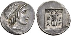 CLASSICAL COINS LYCIA. LYCIAN LEAGUE. Hemidrachm, Cragus, about 40-28. AR 1.94 g. Laureate head of Apollo r. Rev. ΛΥΚΙΩΝ Cithara, in field, Κ-Ρ / Α-Γ, whole in shallow incuse square. Troxell , LL, 141