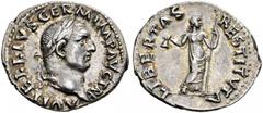 ROMAN COINS THE CIVIL WARS. VITELLIUS, AD 69 (April 19 - December 20). Denarius. AR 3.19 g. A VITELLIVS GERM IMP AVG TR P Laureate head r. Rev. LIBERTAS - RESTITVTA Libertas, wearing long dress, stand