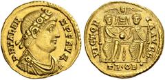 ROMAN COINS COINS OF THE ROMAN EMPIRE. VALENS, 364-378. Solidus AD 371-372, Treveri (Trier). AV. 4,47 g. DN VALENS P F AVG Pearl-diademed, draped, and cuirassed bust r. Rev. VICTORIA AVGG Valens and V
