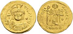 BYZANTINE COINS BYZANTINE EMPIRE. MAURICIUS TIBERIUS, 582-602. Solidus AD 583/4-602, Constantinople. 7th officina. Light weight issue of 23 siliquae. AV. 4,25 g. D N MAVRC Tib PP AVG Draped and cuiras