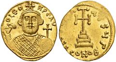 BYZANTINE COINS BYZANTINE EMPIRE. LEONTINUS, 695-698. Solidus, Constantinople. AV. 4,38 g. Bearded bust facing, wearing loros and crown, holding mappa in his raised r. hand, globe cruciger in his l. h