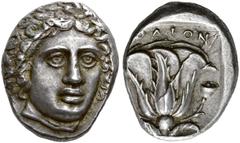 THE OSAKA COLLECTION OF CLASSICAL COINS ISLANDS OFF CARIA. RHODOS. Tetradrachm, about 405-400 BC. AR 15.22 g. Facing head of Helios, slightly turned r. Rev. ΡΟΔΙΟΝ Rose with two leaves and one bud r.,