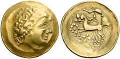 CELTIC COINS CELTIC COINAGE IN HELVETIA. IMITATIONS OF GOLD COINS OF PHILIP II. Stater (scyphate), gold, 3rd/2nd c. BC. AV 7.68 g. Laureate head of Apollo r. Rev. Fast biga l., driver holding the rein