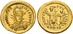COLLECTION OF BYZANTINE COINS Theodosius II, 402-450. Solidus, Constantinople, 425. AV 4.44 g. Helmeted, cuirassed bust facing, head slightly turned r., holding spear over r. shoulder, shield in his l