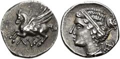 GREEK COINS FROM THE ABOU TAAM FAMILY COLLECTION. COLONIES OF CORINTHE. UNCERTAIN MINT. Triobol, about 300-275 BC. AR 1.88 g. Pegasus flying l., below, ΛY Rev. Head of Aphrodite l., wearing diadem, ea