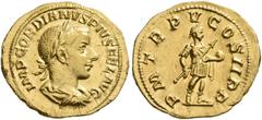 ROMAN COINS COINS OF THE ROMAN EMPIRE. GORDIANUS III PIUS, AD 238-244. Aureus, 241-243. AV 4.66 g. IMP GORDIANVS PIVS FEL AVG Laureate, draped and cuirassed bust r. Rev. PM TR P V COS II PP Gordian, l