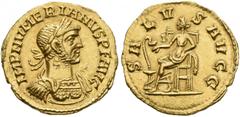 ROMAN COINS COINS OF THE ROMAN EMPIRE. NUMERIANUS, AD 283-284. Co-emperor with Carinus. Aureus, 284. AV 4.85 g. IMP NVMERIANVS PF AVG Laureate, cuirassed bust r. with aegis. Rev. SALV - S AVGG Salus, 