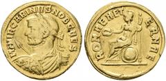ROMAN COINS COINS OF THE ROMAN EMPIRE. CARINUS, Caesar AD 282-283. Aureus under Carus, Siscia. AV 4.37 g. M AVR CARINVS NOB CAES Laureate, draped and cuirassed bust l., seen from rear, holding spear i