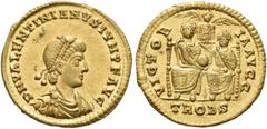 ROMAN COINS COINS OF THE ROMAN EMPIRE. VALENTINIANUS II, AD 375-392. Solidus, Treveri, 380. AV 4.47 g. DN VALENTINIANVS IVN PF AVG Diademed, draped, cuirassed juvenile bust r. Rev. VICTOR - IA AVGG / 