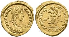 ROMAN COINS COINS OF THE ROMAN EMPIRE. HONORIUS, AD 393-423. Tremissis, Milan, 394-402. AV 1.32 g. DN HONORI - VS PF AVG Draped, cuirassed bust r., wearing double pearl diadem. Rev. VICTORIA - AVGVSTO