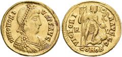 ROMAN COINS COINS OF THE ROMAN EMPIRE. HONORIUS, AD 393-423. Solidus, Ravenna, 402-406. AV 4.48 g. DN HONORI - VS PF AVG Draped, cuirassed bust r., wearing double pearl diadem. Rev. VICTORI - A AVCCC 
