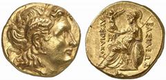 MONNAIES GRECQUES ROYAUME DE THRACE No: 1114     Schätzpreis/Estimate CHF 6500 d=18 mm LYSIMAQUE, roi 306-281 av. J.-C. Statère d'or, frappé à Pella, vers 286-282 av. J.-C. Tête d'Alexandre le Grand d