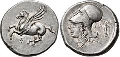 CLASSICA - GREEK COINS. CORINTHIA. CORINTH. Stater, about 330-300 BC. AR 8.58 g. Pegasus flying l., below [koppa] Rev. Head of Athena l., wearing Corinthian helmet with large neck-guard; behind, statu