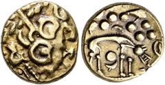 CELTIC COINS. BRITANNIA. ICENI. Stater, gold, Norfolk Wolf-Type, about 45-40 BC. AV 6.09 g. Resolved laureate head. Rev. Wolf standing r., crescent and pellets above, pellet and crescent between legs.