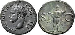 COINS OF THE ROMAN EMPIRE. AGRIPPA, son of Augustus and Scribonia, died AD 12. As, struck by Caligula (?), AD 37-41. AE 10.16 g. M.AGRIPPA L F COS.III Head l., wearing rostral crown. Rev. S - C Neptun