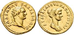 COINS OF THE ROMAN EMPIRE. TITUS, AD 79-81. With Julia Titi, his daughter. Aureus, posthumous, struck by Domitian, 82-83. AV 7.75 g. DIVVS TITVS - AVGVSTVS Radiate head r. Rev. IVLIA AVGVSTA DIVI TITI