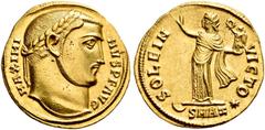COINS OF THE ROMAN EMPIRE. MAXIMINUS II DAIA, AD 309-313. Aureus, Antiochia, 311-313. AV 5.32 g. MAXIMI - NVS PF AVG Laureate head r. Rev. SOLE IN - VICTO Sol, radiate, wearing long dress and cloak, s