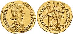 COINS OF THE ROMAN EMPIRE. VALENTINIANUS III, AD 425-455. Solidus, Milan, about 430-455. AV 4.44 g. DN PLA VALENTI - NIANVS PF AVG Draped, cuirassed bust r., wearing laurel-rosette diadem. Rev. VICTOR