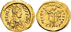 EASTERN LATE ROMAN AND BYZANTINE COINS. BYZANTINE COINS. ANASTASIUS, AD 491-518. Tremissis, gold, Constantinople. AV 1.49 g. DN ANASTA - SIVS PP AVG Diademed, cuirassed and draped bust r. Rev. VICTORI