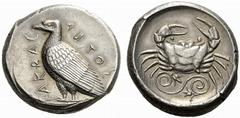 GREEK COINS SICILIA AKRAGAS. Tetradrachm (Silver) 471-430 BC, Akragas. AKRAC – ANTOS. Eagle with closed wings left / / Crab over double spiral decoration ending in lotos flowers. SNG ANS 982 (same die