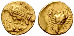 GREEK COINS SICILIA AKRAGAS. Dilitron (Gold) circa 406 BC, Akragas. AKPA. Eagle left on a rock, clutching dead snake in its talons, below two dots / / SILA/(retrogade Sigma) ON. Crab. Gulbenkian 171; 