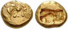 GREEK COINS LYDIA KINGDOM. King Kroisos, 561-546 BC. Light weight Stater (Gold) circa 550-546 BC, Sardes. Confronted foreparts of lion and bull / / Two incuse square punches of unequal size. SNG von A