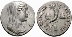 GREEK COINS AEGYPTUS Berenike II, wife of Ptolemy III, 246-222 BC. Pentakaidekadrachm (Silver) Alexandria (?). Veiled and draped bust right / / BASSILISHS - BERENIKHS. Single cornucopia, bound with fi