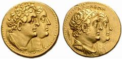 GREEK COINS AEGYPTUS King Ptolemy III, 246-222 BC, for Ptolemy II, Arsinoe II, Ptolemy I and Berenice I. Octodrachm or Mnaieion (Gold) Alexandria. ADELFWN. Jugate busts right of Ptolemy II, draped and