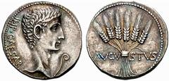 ROMAN PROVINCIAL COINS MYSIA PERGAMON. Augustus, 27 BC-14 AD. Cistophorus (Silver) 27-26 BC, Pergamum. IMP. CAESAR. Bare head right, before lituus / / AVGV - STVS. Bunch of six ears of corn. RIC 490; 