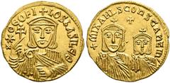 BYZANTINE COINS BYZANTINE COINS. THEOPHILUS, AD 829-842. Solidus, Constantinople, with his sons Constantine and Michel III, 830-840. AV 4.44 g. x*ΘЄOFI - LOS bASILЄΘ Facing bust of Theophilos, crowned