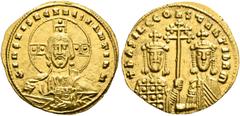 BYZANTINE COINS BYZANTINE COINS. BASILIUS II, AD 976-1025. Histamenon, gold, Constantinople, with Constantine VIII, about 989-1001. AV 4.43 g. +IhS XIS RЄX RЄGNANTInm Bust of Christ facing, wearing ni