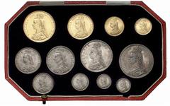 EUROPEAN COINS & MEDALS GREAT BRITAIN UNITED KINGDOM Victoria, 1837-1901. Jubilee set for golden Jubilee, 5 Pounds to Threepence 1887. 4 Goldcoins: 5 and 2 Pounds, 1 and 1/2 Sovereign; 8 Silvercoins: 
