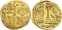 BYZANTINE COINS CONSTANS II, AD 641-668. Solidus with Constantine IV, Heraclius and Tiberius, Constantinople, about 662-667. AV 4.27 g. dNCONStANtINYS C CONStANtIN Busts facing of Constans, with long 