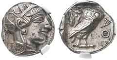 Grecia Antigua ATTICA, Atenas. Tetradracma. (Ar. 17,20g/22mm). 454-404 a.C. (SNG Copenhagen 31). Anv: Cabeza de Atenas con casco ático con cresta a derecha. Rev: Búho estante a derecha mirando de fren
