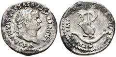 Imperio Romano TITO. Denario. (Ar. 2,95g/18mm). 80 d.C. Roma. (RIC 112). Anv: Cabeza laureada de Tito a derecha, alrededor leyenda: IMP TITVS CAES VESPASIAN AVG P M. Rev: Delfín alrededor de ancla, al