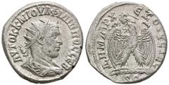 Imperio Romano FILIPO I. Tetradracma. (Ar. 12,65g/26mm). 244-249 d.C. Antioquía. (Prieur 318). Anv. Busto radiado y drapeado de Filipo I a derecha, alrededor leyenda griega. Rev: Aguila estante sobre 