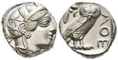 Grecia Antigua ATTICA, Atenas. Tetradracma. (Ar. 17,19g/23mm). 454-404 a.C. (SNG Copenhagen 31). Anv: Cabeza de Atenas con casco ático con cresta a derecha. Rev: Búho estante a derecha mirando de fren