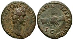Imperio Romano NERVA. As. (Ae. 10,38g/27mm). 97 d.C. Roma. (RIC 79). Anv: Cabeza laureada de Nerva a derecha, alrededor leyenda: IMP NERVA CAES AVG P M TR P COS III P P. Rev: Manos entrelazadas, debaj