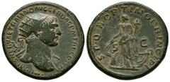 Imperio Romano TRAJANO. Dupondio. (Ae. 11,76g/27mm). 98-99 d.C. Roma. (RIC 494). Anv: Cabeza radiada de Trajano a derecha, alrededor leyenda: IMP CAES NERVA TRAIAN AVG GERM P M. Rev: Abundantia estant