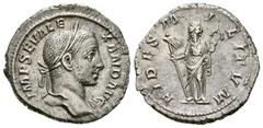 Imperio Romano ALEJANDRO SEVERO. Denario. (Ar. 3,26g/20mm). 231-235 d.C. Roma. (RIC 231). Anv: Busto laureado de Alejandro Severo a derecha, alrededor leyenda: IMP SEV ALEXAND AVG. Rev: Fides estante 
