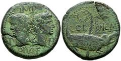 Imperio Romano AUGUSTO. Dupondio. (Ae. 12,07g/27mm). 10-14 d.C. Galia, Nemausus. (RIC 160). Anv: Cabezas laureadas de Augusto y Agrippa, a ambos lados P-P, alrededor leyenda: IMP DIVI F. Rev: Crocodil