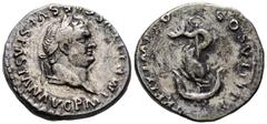 Imperio Romano TITO. Denario. (Ar. 3,09g/17mm). 80 d.C. Roma. (RIC 112). Anv: Cabeza laureada de Tito a derecha, alrededor leyenda: IMP TITVS CAES VESPASIAN AVG P M. Rev: Delfín alrededor de ancla, al