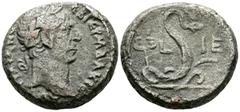 Imperio Romano TRAJANO. Tetradracma. (Ve. 12,75g/23mm). 111-112 d.C (Año 15). Anv: Cabeza laureada de trajano a derecha, alrededor leyenda griega. Rev: Serpiente a derecha, entre monogramas griegos. M