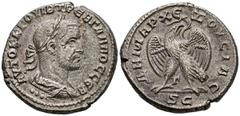 Imperio Romano TREBONIANO GALO. Tetradracma. (Ar. 9,86g/26mm). 251-253 d.C. (RPC 1798). Anv: Busto laureado y drapeado de Treboniano Galo, detrás tres puntos, alrededor leyenda griega. Rev: Aguila est