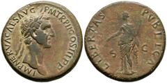 Imperio Romano NERVA. Sestercio. (Ae. 21,52g/32mm). 97. Roma. (RIC 86). Anv: Cabeza laureada de Nerva a derecha, alrededor leyenda: IMP NERVA CAES AVG P M TR P COS III P P. Rev: Libertad en pie a izqu