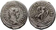 Imperio Romano FILIPO I. Tetradracma. (Ar. 10,99g/28mm). 248 d.C. Seleucis y Pieria, Antioquía. (Prieur 368). Anv: Busto radiado y drapeado de Filipo I a derecha, alrededor leyenda: AYTOK K MIOYΛI ΦIΛ