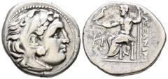 Grecia Antigua REYES DE MACEDONIA, Alejandro III el Grande. Dracma. (Ar. 4,09g/19mm). 336-323 a.C. Lampsakos. (Price 1398). Anv: Cabeza de Heracles con piel de león a derecha. Rev: Zeus sentado a izqu