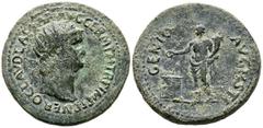 Imperio Romano NERON. Dupondio. (Ae. 7,77g/25mm). 64 d.C. Roma. (RIC 124). Anv: Busto radiado a derecha de Nerón, alrededor leyenda: NERO CLAVD CAESAR AVG GER P M TR P IMP P P. Rev: Genio estante a iz